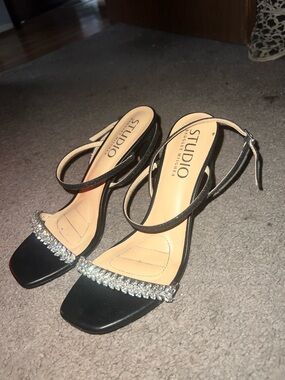 Mishka Black Ankle-Strap Sandals with Crystal Toe Band